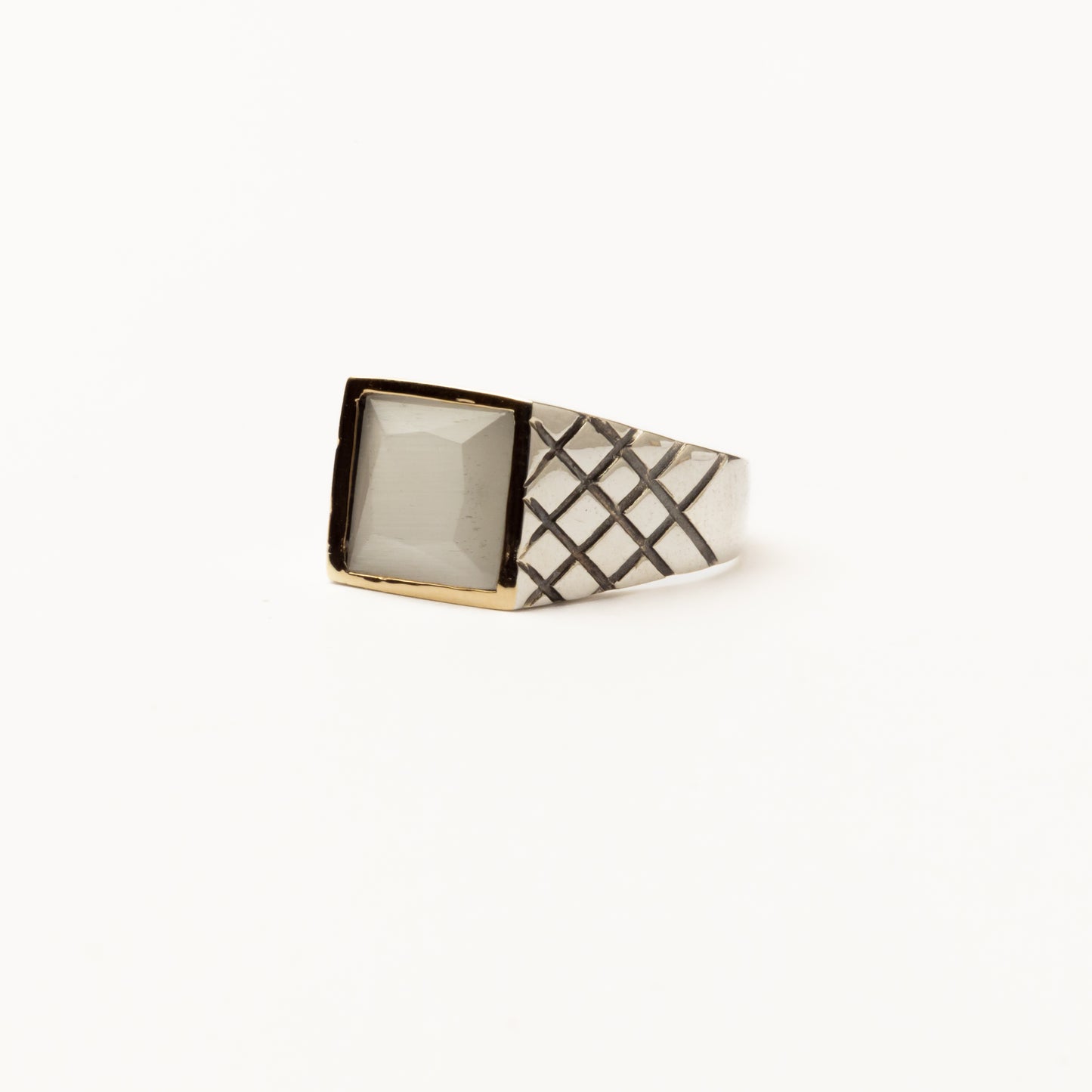 Silver and gold square stone ring